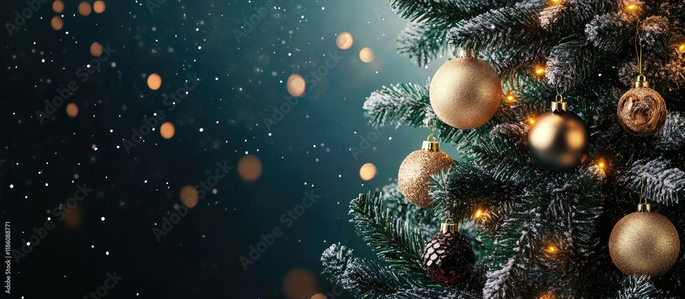 Poster Beautifully adorned Christmas tree with ornaments. with copy space image. Place for adding text or design