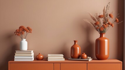 Minimalist composition of living room interior with copy space, simple Burnt Orange sideboard