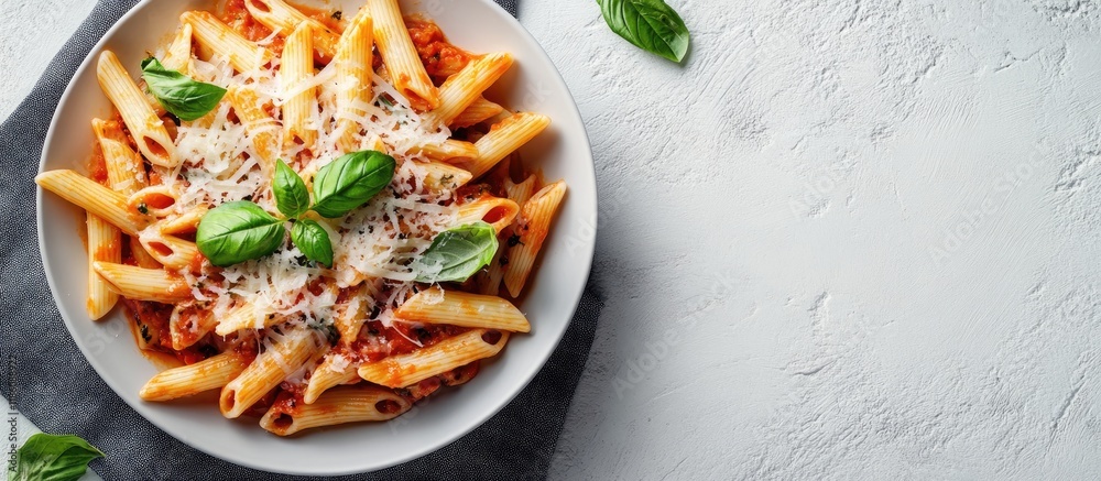 Leinwandbilder Penne pasta in All Arrabbiata style topped with cheese and basil on a linen tablecloth Studio shot from the top view featuring copy space