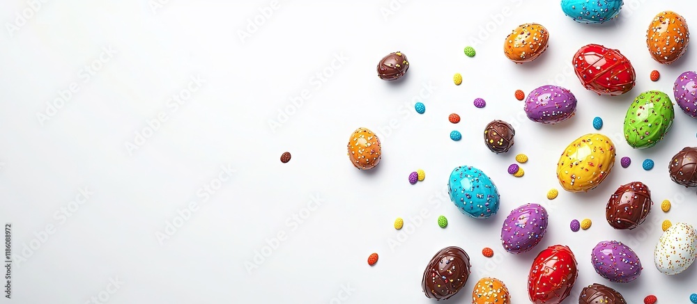 Poster colorful chocolate easter eggs on a white background. with copy space image. place for adding text o