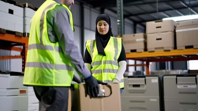 A warehouse worker demonstrates the technique of handling a cardboard box, emphasizing proper posture and efficiency in a distribution center environment.