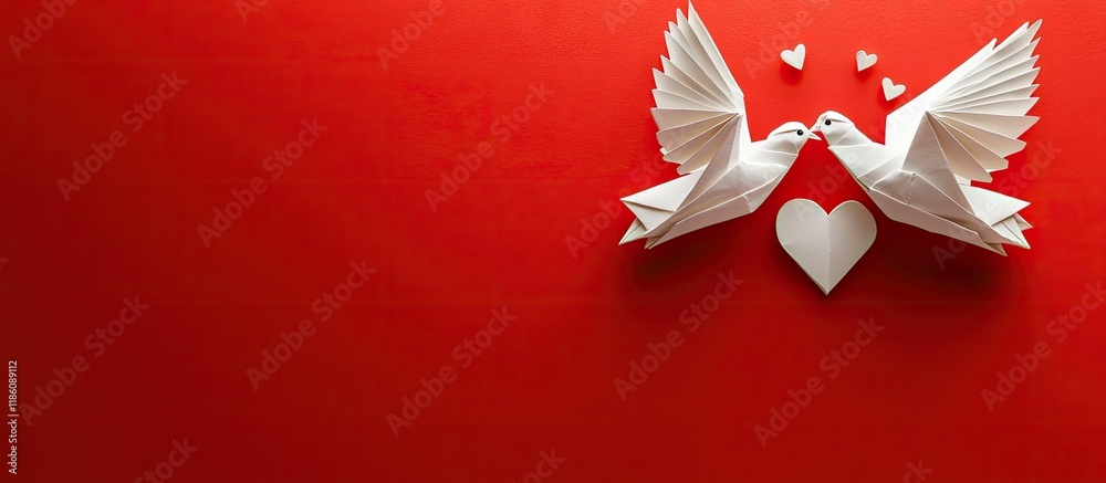Poster Message of pure love concept Two origami white doves holding a heart shape against a red background. with copy space image. Place for adding text or design