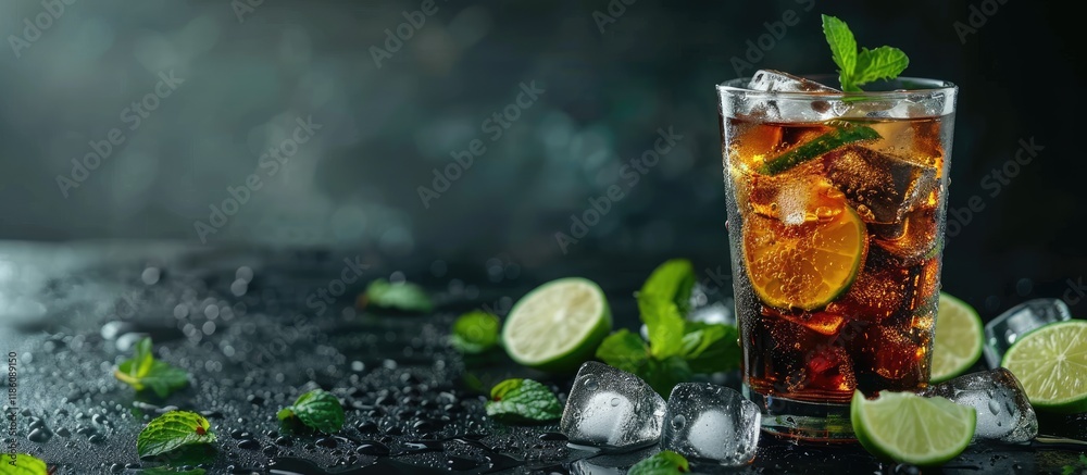 Fototapete refreshing soda drink with ice cubes lime slices and mint on a black table banner layout with space 