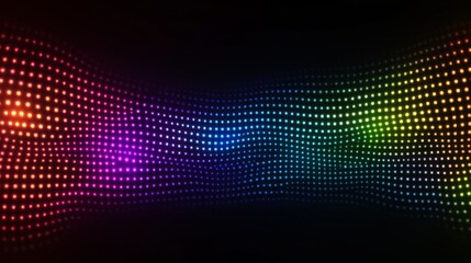 Abstract composition of glowing LED dots arranged in uniform grid pattern. Each RGB element pulses with varying intensity, creating organic waves of light across the surface. Microsurface reflections