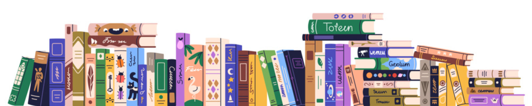 Books border, horizontal row of fiction and education literature. Bookshelf banner with novel, dictionary spines for reading, studying, knowledge. Flat vector illustration isolated on white background