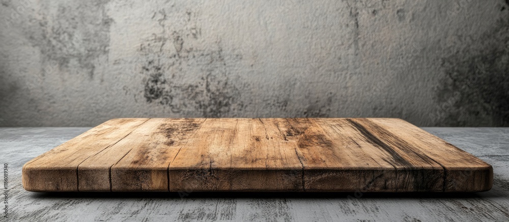 Poster Wooden board on a table with a grey background. with copy space image. Place for adding text or design