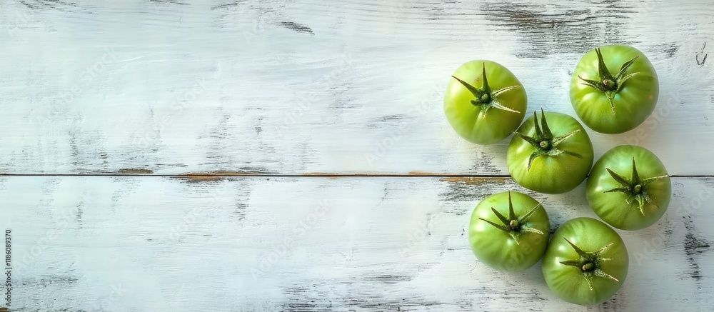 Leinwandbilder Green unripe tomatoes on a white wooden surface Top view. with copy space image. Place for adding text or design