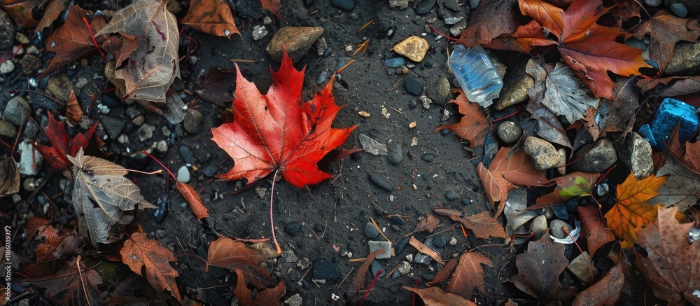 Poster an autumn maple leaf rests on the garbage. with copy space image. place for adding text or design
