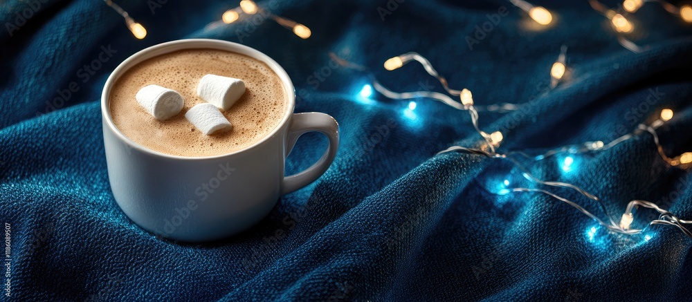 Aufkleber a cup of hot coffee with a marshmallow sits on a blue fabric background adorned with christmas blue 