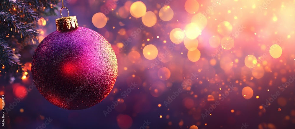 Leinwandbilder Elegant colored New Year and Christmas ball set against a backdrop with light effects and bokeh Red green magenta lilac purple. with copy space image. Place for adding text or design