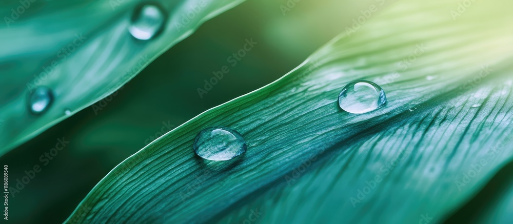 Wall mural droplets of water on a green leaf. with copy space image. place for adding text or design