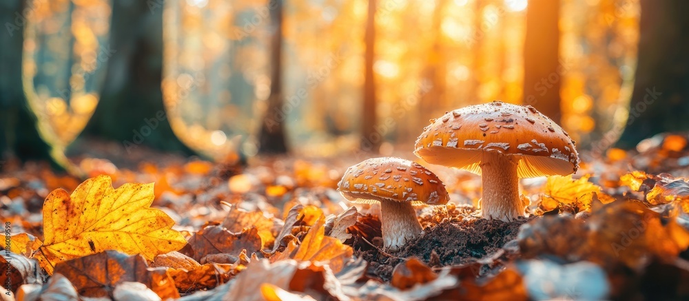 Poster large mushrooms in a forest discovered during a mushrooming tour in autumn with brown leaves illumin