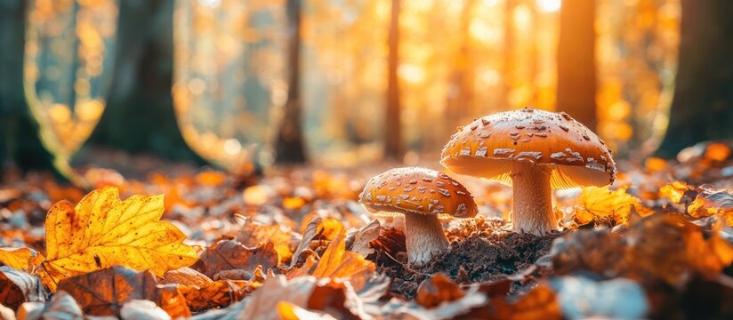 Large mushrooms in a forest discovered during a mushrooming tour in autumn with brown leaves illuminated by backlight on the ground during mushroom season are tasty but may also be poisonous and haz