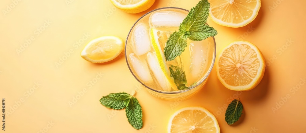 Poster chilled refreshing summer lemonade with ice and lemon slices garnished with mint leaves in a tall gl