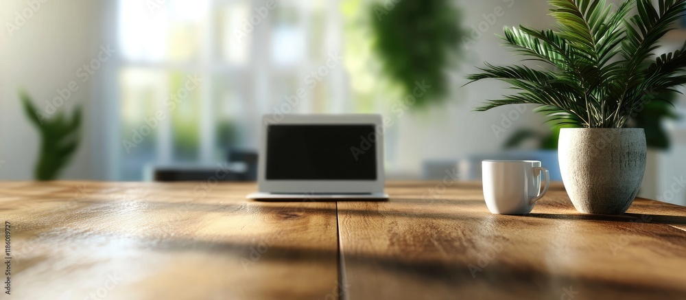 Poster Work from home statement on a wooden table. with copy space image. Place for adding text or design