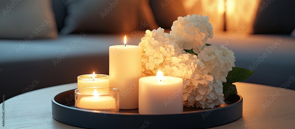 Poster Tray with lit candles and flowers on a table in the living room Area for text. with copy space image. Place for adding text or design