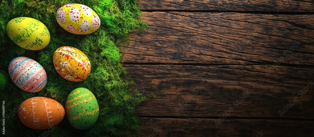 Poster Top view of Easter eggs on green moss atop an old wooden table. with copy space image. Place for adding text or design