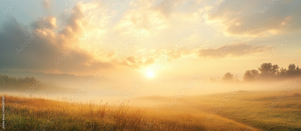 Leinwandbilder foggy summer morning landscape featuring clouds fog and sunlight. with copy space image. place for a
