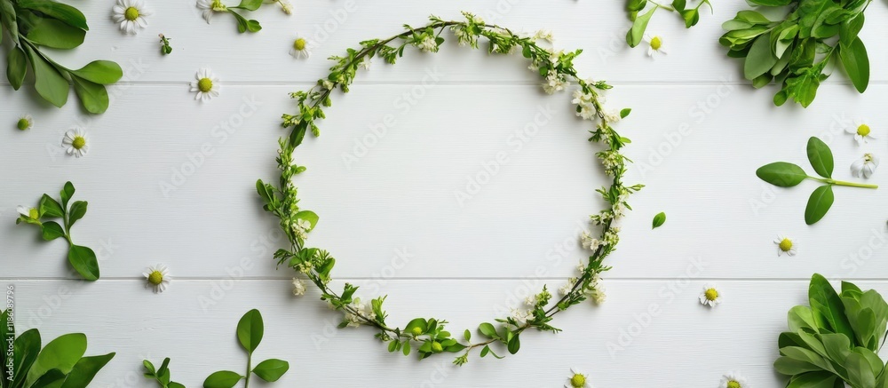 Poster Round frame wreath design with flower buds set against a white wooden background Flat lay top view with copyspace for your text