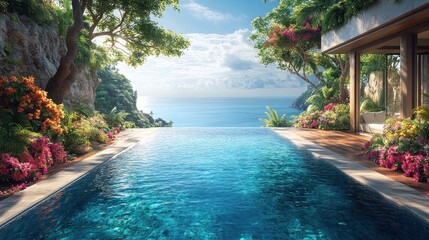 Obraz premium Infinity pool overlooking ocean, lush tropical plants, modern house.