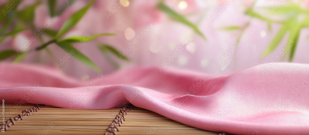 Poster bamboo mat and pink fabric in a classic design chinese japanese backdrop. with copy space image. pla