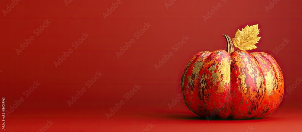 Aufkleber A beautifully painted pumpkin adorned with a golden leaf on a colored background featuring space for text. with copy space image. Place for adding text or design