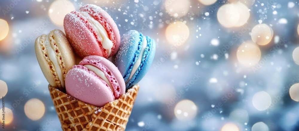 Aufkleber colorful french macarons in a waffle cone dusted with powdered sugar a creative composition for chri
