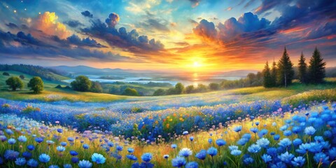 Immersive blue floral panorama, a vibrant watercolor masterpiece crafted by AI artistry.