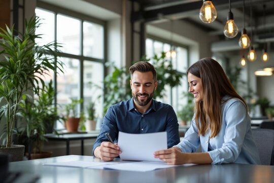 Two smiling professionals reviewing documents at a desk in a modern office, surrounded by plants and warm lighting. Concept of teamwork and productivity. Ai generative