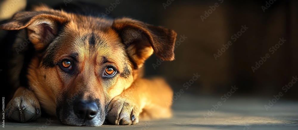 Poster dog rests with a sorrowful expression. with copy space image. Place for adding text or design