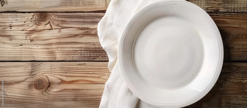 Aufkleber Empty white plate on a light napkin against a wooden background Top view. with copy space image. Place for adding text or design