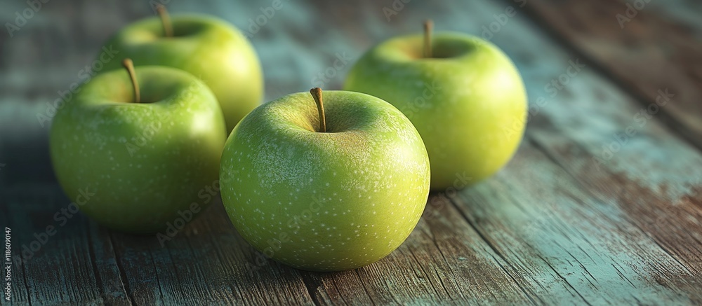 Aufkleber green apples on a weathered wooden surface. with copy space image. Place for adding text or design