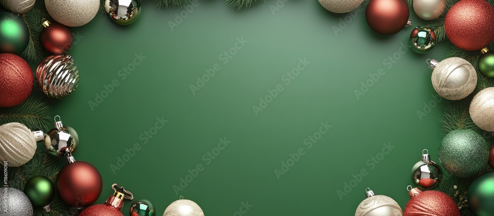 Poster a frame created from various christmas balls on a green background. with copy space image. place for