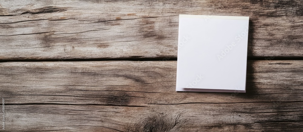 Poster Notepad sticky note with room for text Situated on a weathered wooden floor concept. with copy space image. Place for adding text or design