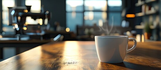 A cup of coffee sits on the desk during a break. with copy space image. Place for adding text or design