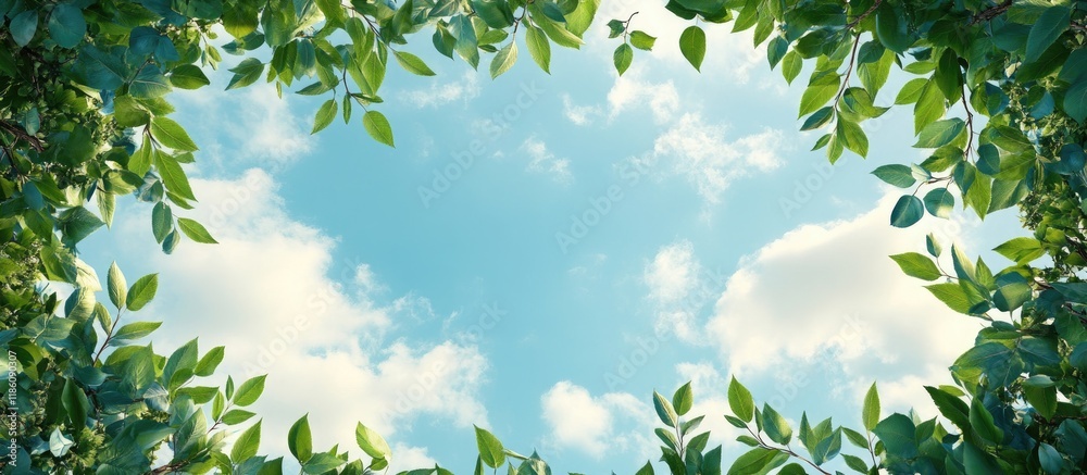 Sticker blue sky backdrop with clouds surrounded by a border of leaves and tree branches copy space