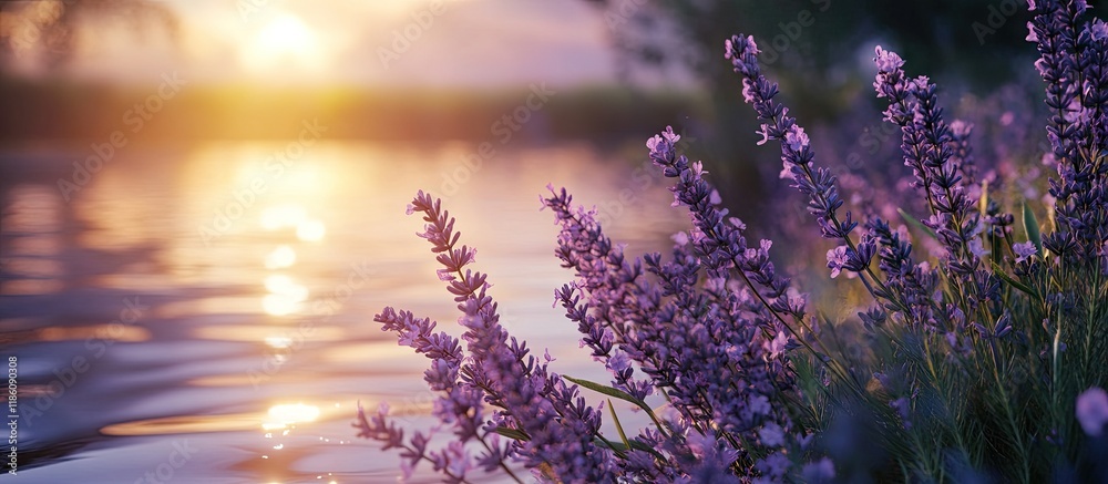 Poster lavender blossoms beside the river at twilight. with copy space image. place for adding text or desi
