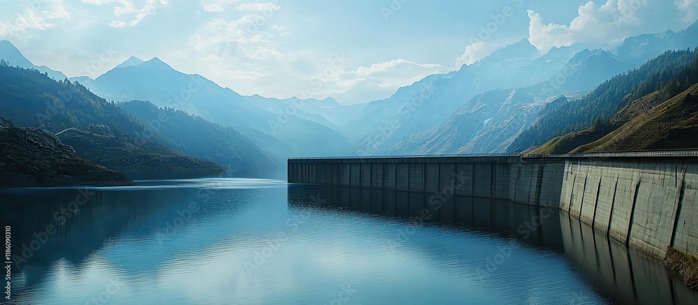 Aufkleber Water reservoir dam retaining water with mountains in the background. with copy space image. Place for adding text or design