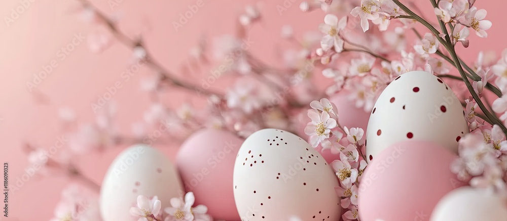 Fototapete easter eggs and spring blooms on a pink backdrop. with copy space image. place for adding text or de