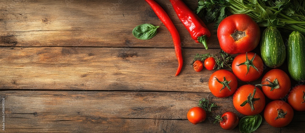 Aufkleber fresh ripe vegetables arranged on a wooden table viewed from above space for text. with copy space i