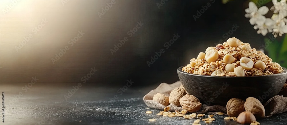 Poster Macadamia nuts and granola. with copy space image. Place for adding text or design
