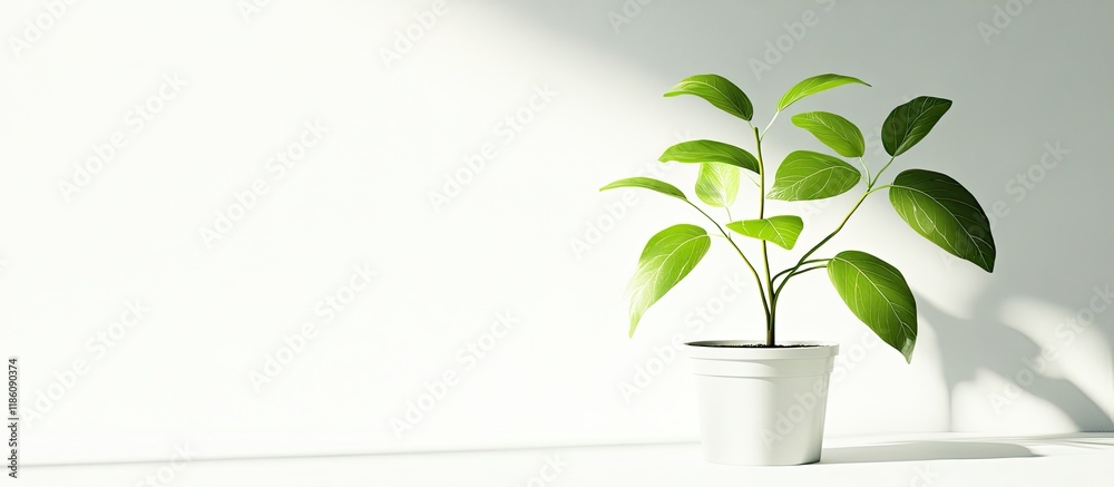 Leinwandbilder a green plant with maple green leaves in a plastic pot against a white background a lovely shadow is