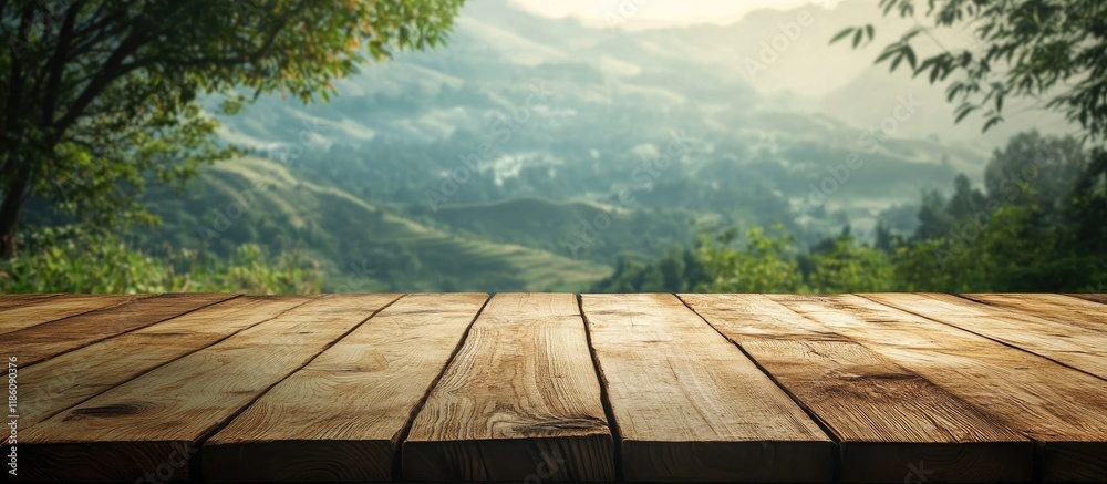 Poster Vintage wooden table set against a natural backdrop. with copy space image. Place for adding text or design