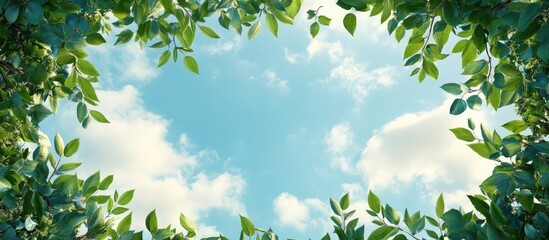 Obraz premium Blue sky backdrop with clouds surrounded by a border of leaves and tree branches copy space
