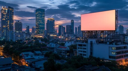 Panoramic cityscape featuring prominent blank billboard integrated into contemporary building design. Twilight atmosphere with office windows illuminated, creates natural frame for advertisement