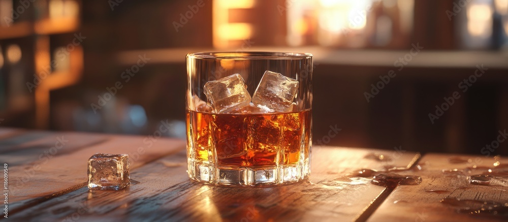 Aufkleber Glass of whiskey with ice cubes on a wooden surface. with copy space image. Place for adding text or design