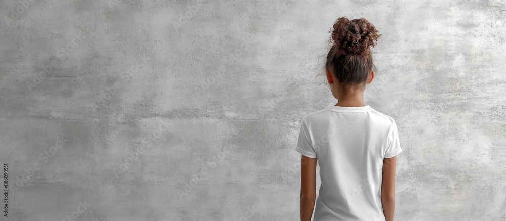 Aufkleber young girl in a plain white t shirt standing in front of a grey textured wall. with copy space image