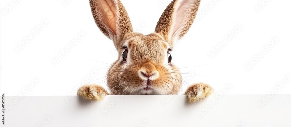 Poster Lop eared Easter bunny holds a sales symbol above a white banner Isolated on a white background. with copy space image. Place for adding text or design