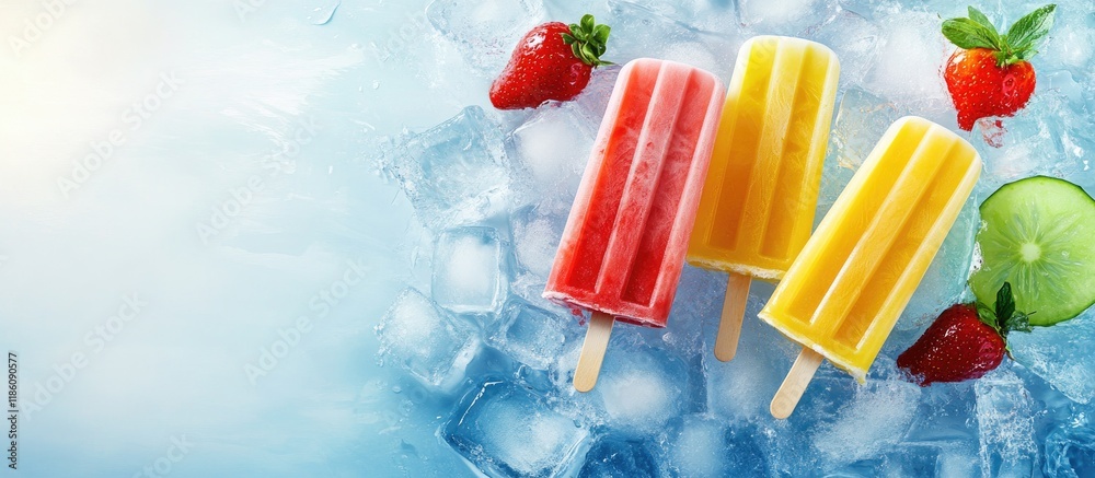 Leinwandbilder fresh juice popsicles on ice cubes. with copy space image. place for adding text or design