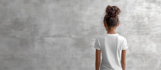Young girl in a plain white t shirt standing in front of a grey textured wall. with copy space image. Place for adding text or design